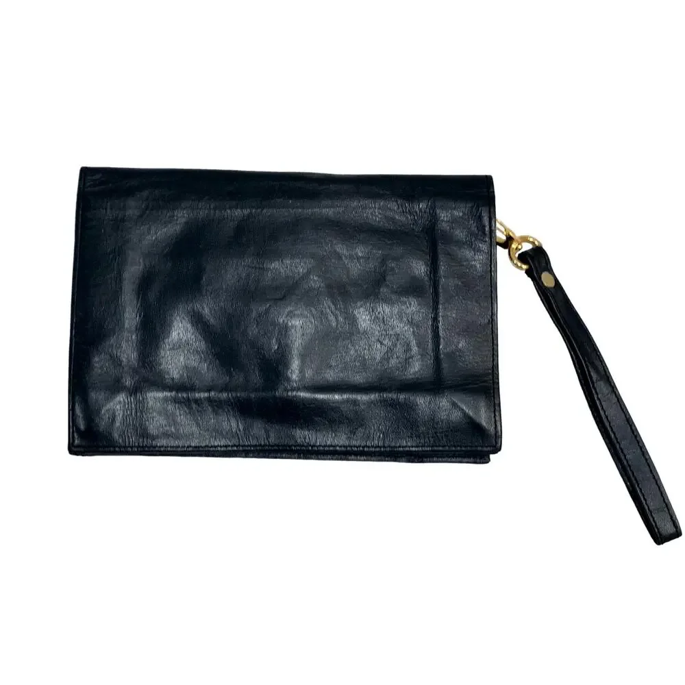 Vintage Men's Black Leather Organizer Bag Wrist Hand LUXE | 9 x 6.25